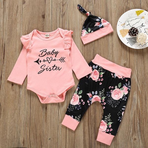 

3pcs set newborn baby girl clothes 2020 summer letter baby and sister +floral pants+headband winter infant girl outfits, White