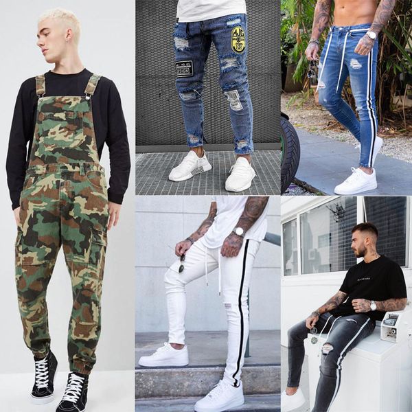 

new fashion jeans men skinny jeans ripped stretch destroyed frayed slim fit pant denim pants men casual pants long trouser, Blue