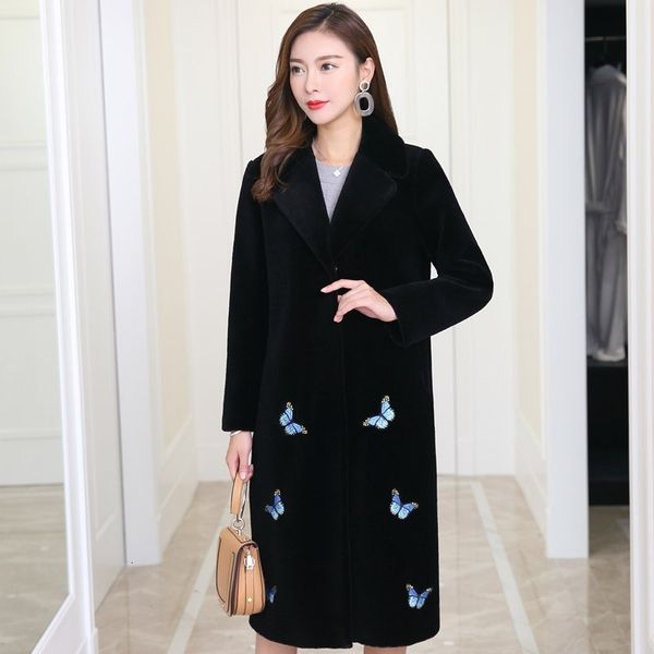 

new fashion winter coat women's real sheepskin coat sheepskin embroidery natural butterfly long wool, Black