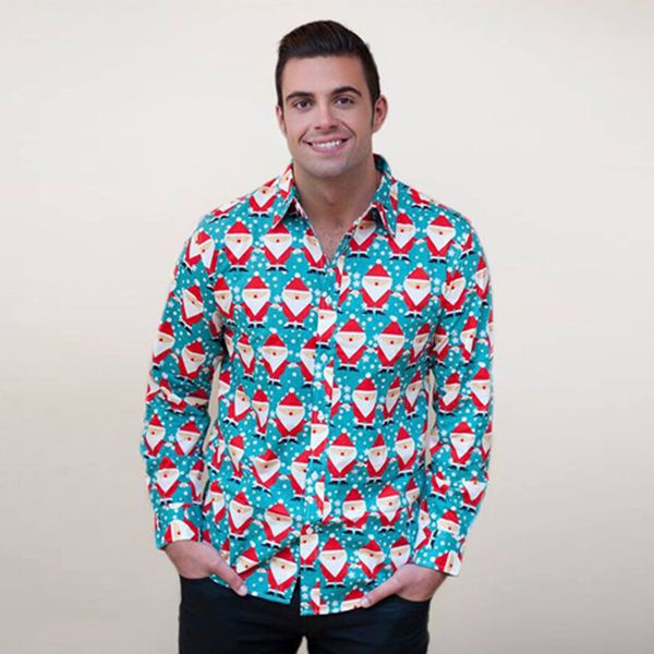 

feitong 2019 christmas shirt men turn-down collar xmas long sleeve button down floral print fit shirt blouse male, White;black