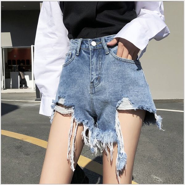 

korea women summer ripped hole short jeans whie black blue all match jean shorts fashion streetwear high waist irregular jeans
