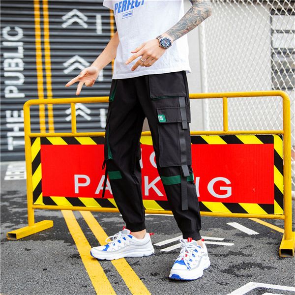 

men's trousers 2019 spring new loose hong kong style new multi-bag overalls nine pants personality youth casual men's clothing, Black