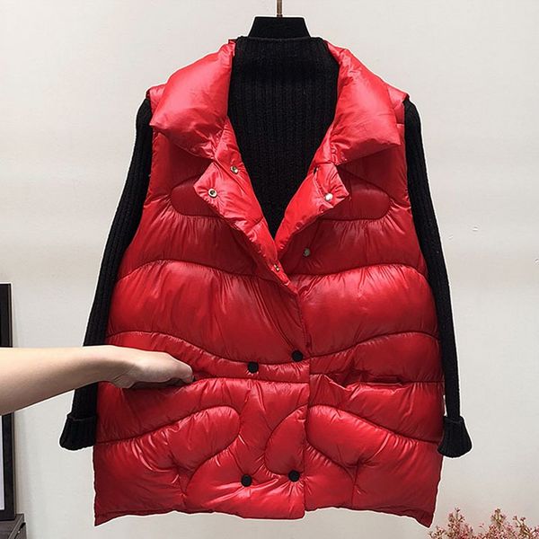 

2019 women's vest new fashion metal color pure black red shiny jacket jacket women's winter warm down cotton long section parkas, Black;white