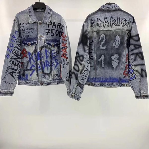 

18fw blcg denim jacket graffiti paris 2018 oversize men women couple coats fashion highstreet hip hop denim jacket hfttjk043, Black;brown