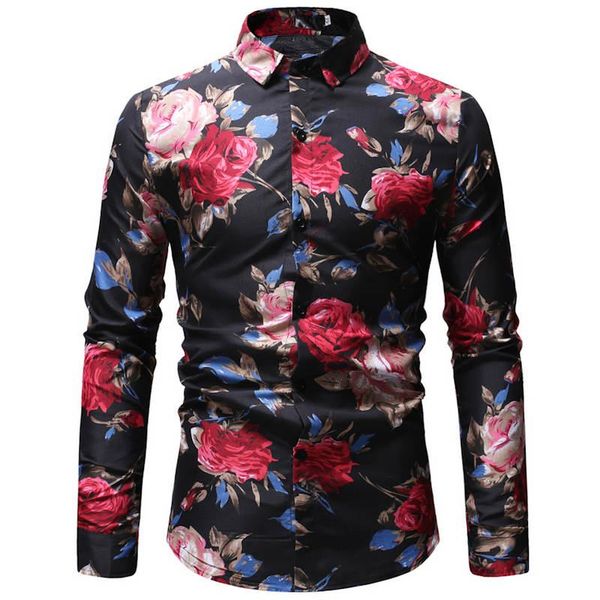 

2019 autumn new fashion male shirt casual long sleeve button shirt for men rose printed floral shirts men plus size 3xl 23 color, White;black