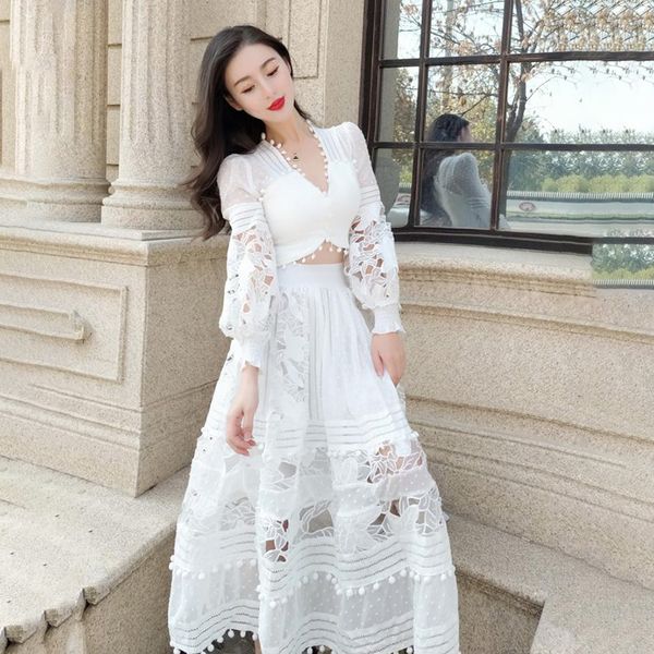 

two piece dress set women lantern sleeve lace v-neck dot crop + a-line long skirts hollow out floral outfits matching a259, White