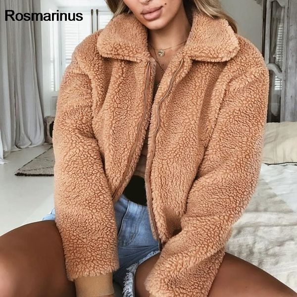 

fleece jacket women autumn female wide lapel casual teddy cropped bomber jacket winter ladies fur coat, Black;brown