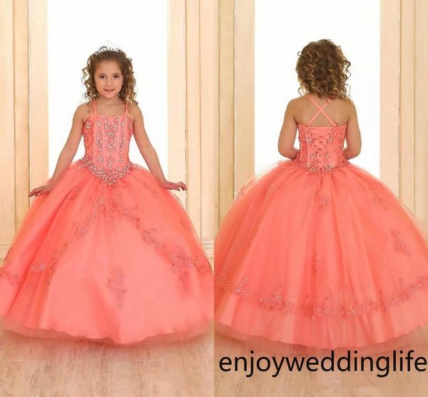 

2020 new coral girls pageant dresses crystals beaded organza flower girl dresses corset back formal party pageant gowns for teens, White;blue