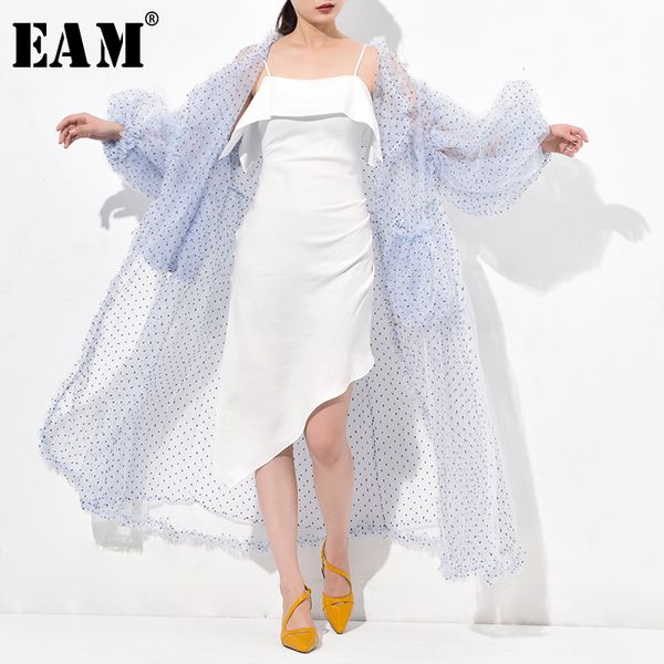 

eam] 2019 new spring autumn v-collar long sleeve dot printed blue mesh thin big size windbreaker women trench fashion we923, Tan;black