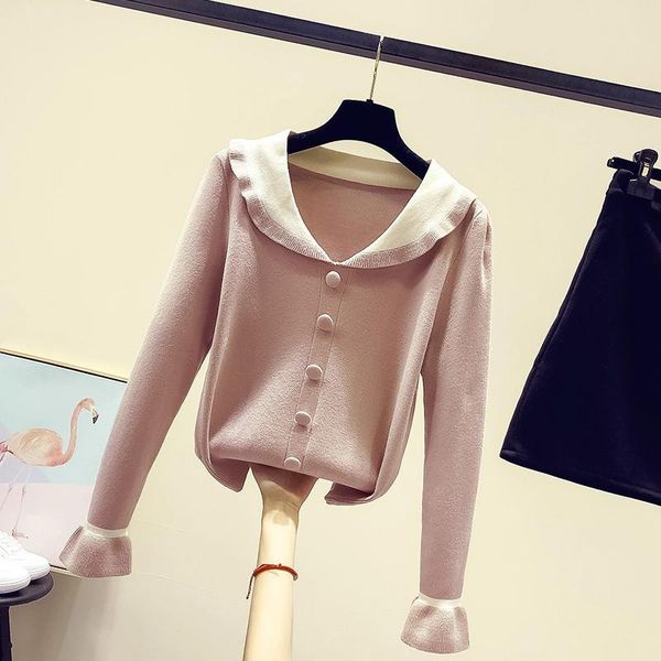 

2020 spring and autumn women new doll collar sweater women's temperament fashion patchwork matching knitted pullovers w265, White;black