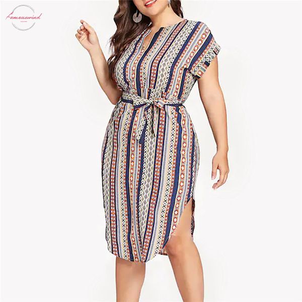 

striped women dresses printed o neck sashes short sleeve casual knee length dress twill summer plus size asymmetrical kleider 15, Black;gray