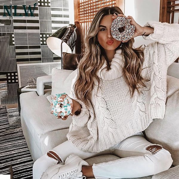 

nlw long sleeve turtleneck crop sweater 2019 autumn winter thick solid harajuku oversized pullover white kintted jumper, White;black