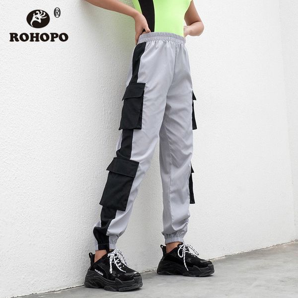 

fashion women streetwear pockets overall pant patchwork side striped elastic high waist waterproof full length trousers, Black;white