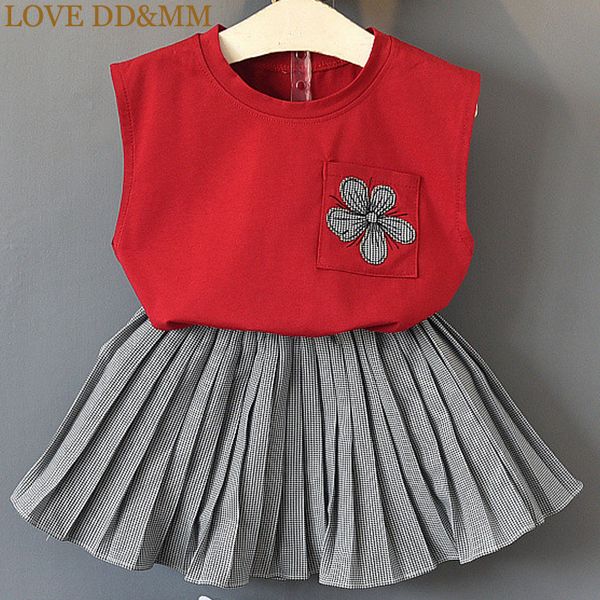 

love dd&mm girls sets 2019 summer new children's clothing girls sleeveless pocket print cotton vest t-shirt + plaid skirt set y190518, White