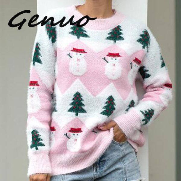 

genuo новая рождественская елка снеговик свитер женщины вязаный пуловер дамы с длинным рукавом o-образным вырезом пуловер осень зима топы од, White;black