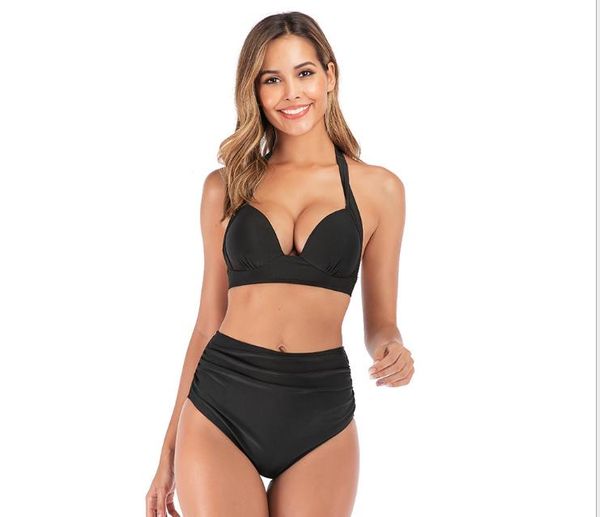 

2019 swimwear women's european and american new pure-color high-waist split bikini swimwear