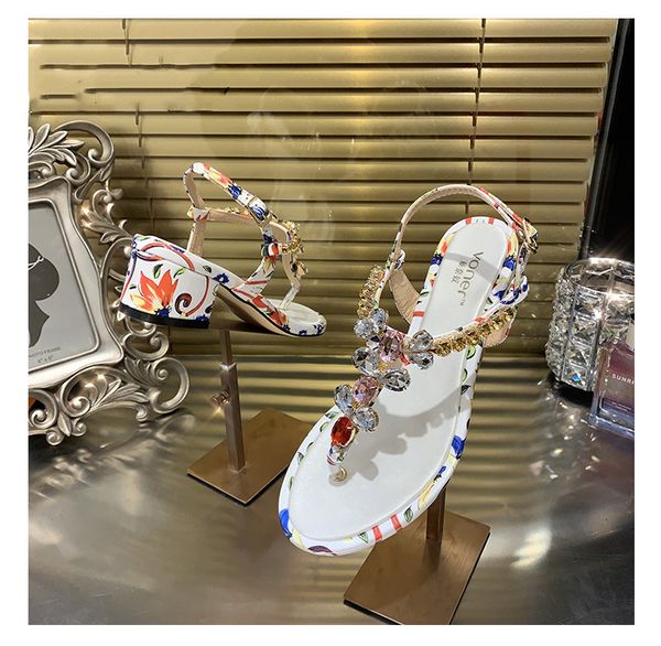 

new printed floral leather summer sandals open toe crystal jewel low heel sandals bohemina beach sandals shoes women, Black