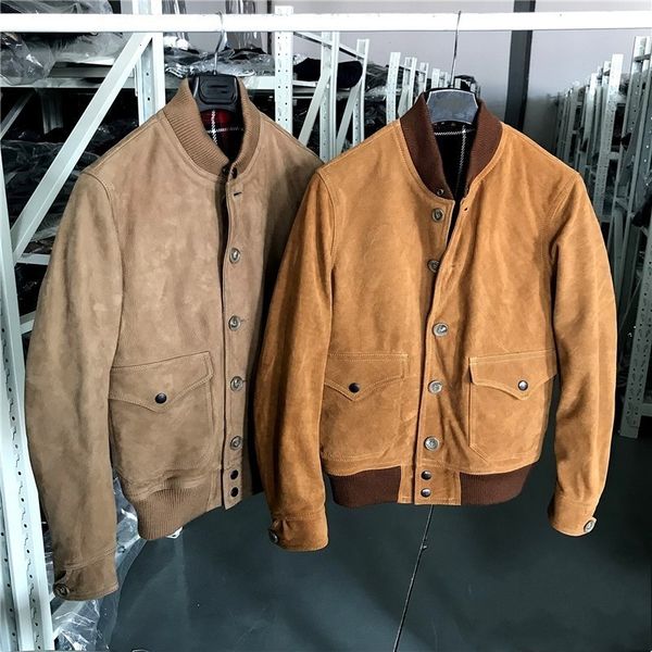 

vintage cow suede jacket men genuine leather bomber jackets stand collar single breasted solid pilot coats male fashion overcoat, Black