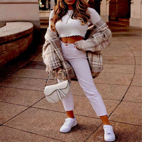 

women ribbed knitted o neck minimalist sweaters long puff sleeve autumn elegant wood ears trim cropped pullovers streetwear, White;black