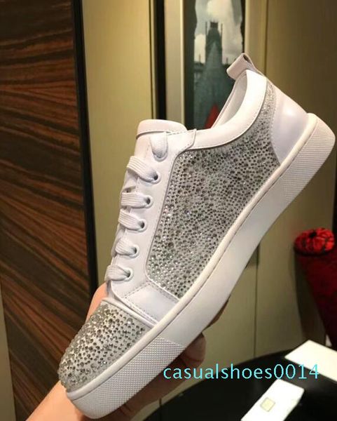 

new 2019 designer sneakers red bottom shoe low cut suede spike shoes for men and women shoes party wedding crystal leather sneakers c01 c14, Black