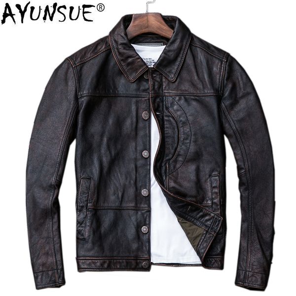 

real cowhide genuine jacket leather men short vintage autumn cow leather jackets and coats motorcycle veste cuir homme kj2297, Black
