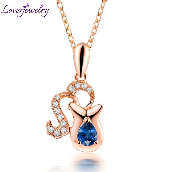 

loverjewelry women aquarius bule sapphire pendants 18kt rose solid gold real diamond 750 gold pendant for aquarius girls gift, Silver