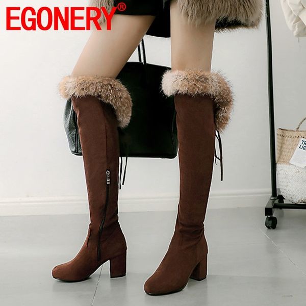 

egonery winter new warm flock over knee boots outside high heels round toe comfortable zip women shoes drop shipping size 32-43, Black