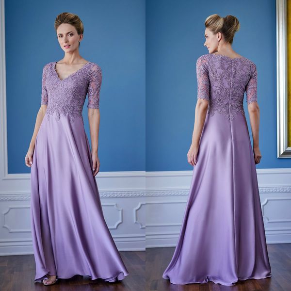 Abiti per la madre della sposa color lavanda con scollo a V e una linea in pizzo con applicazioni di abiti da sposa Abiti da cerimonia per la madre con maniche lunghe 1/2