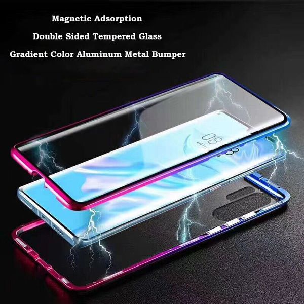 

gradient color magnetic phone case for huawei p30 p40 mate 30 mate20x p20 double sided glass metal bumper honor 9x 8x 20 10 case