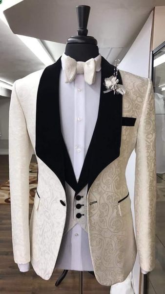 New picture reale One Button modello avorio matrimonio sposo smoking scialle bavero groomsmen mens cena blazer abiti (giacca + pantaloni + vest + cravatta) 483