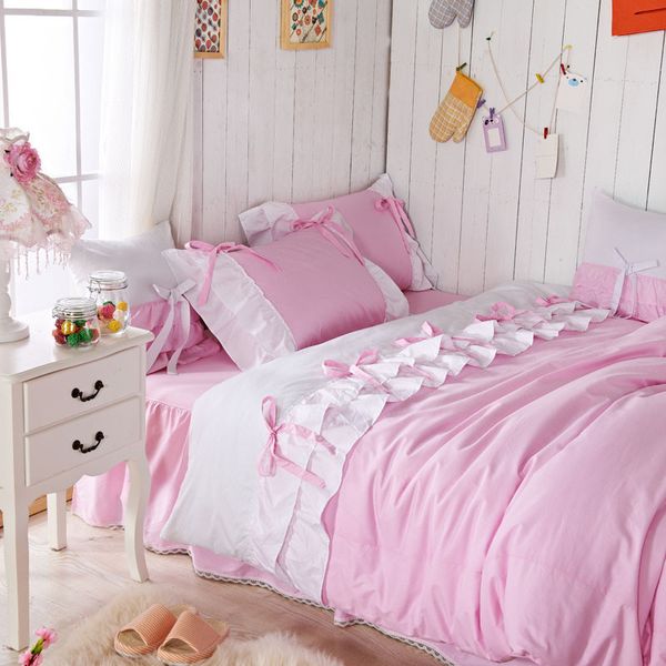 Winlife Romantic Pink Queen Comforter Set Korean Pink Falbala