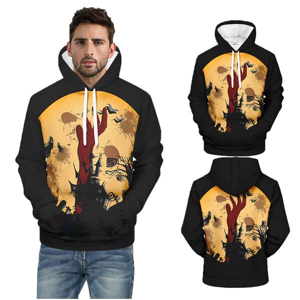 

autumn winter men sweatershirt mens casual scary halloween printed slim fit long sleeve hoodies moon night castle sport, Black