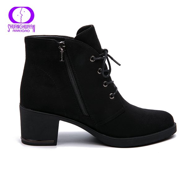 

aimeigao spring autumn ankle suede leather short booties lace up boots women with fur shoes 2018 new arrivals y200115, Black