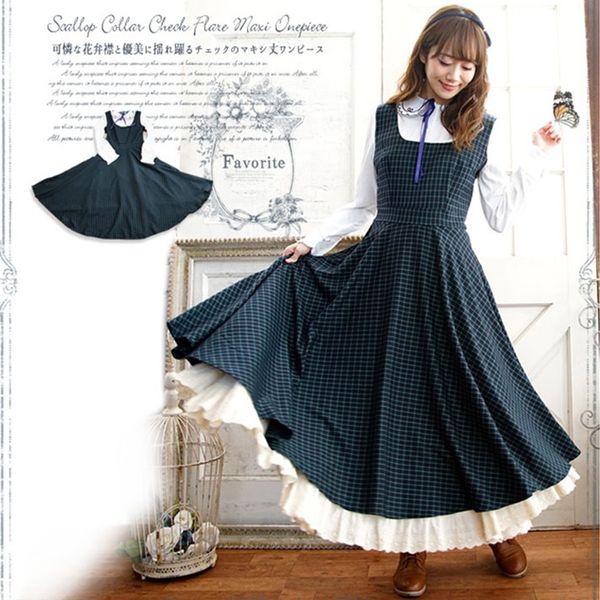 

mori girl lolita plaid dress women sweet bow peter pan collar one piece dress japanese long sleeve retro ladies dresses t660, Black;gray