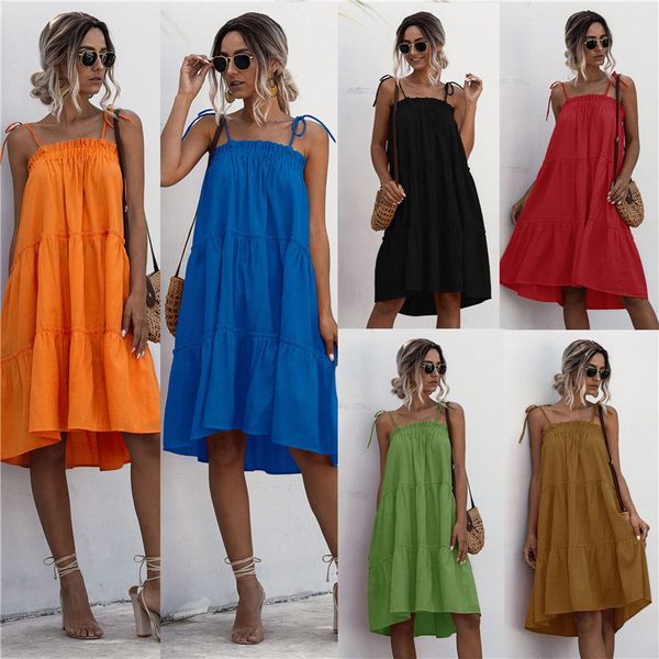 

summer womens designer cake dress min solid color printed spaghetti strap bandage loose dress fashion ladies dress, Black;gray
