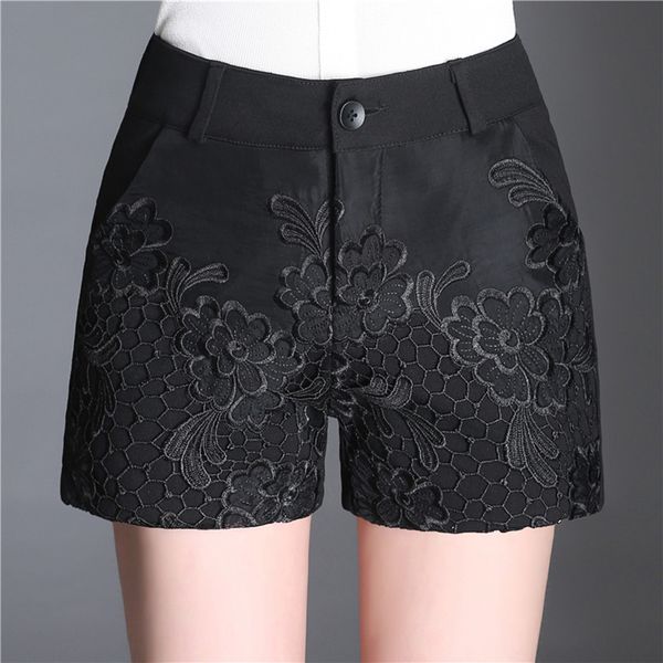 

elegant office embroidery lace shorts women high waisted hollow out stretch micro shorts womens summer clothing 66, White;black