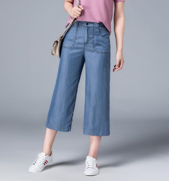 

women fashion 2018 new wide leg jeans women high waisted casual summer jeans pockets blue mujer