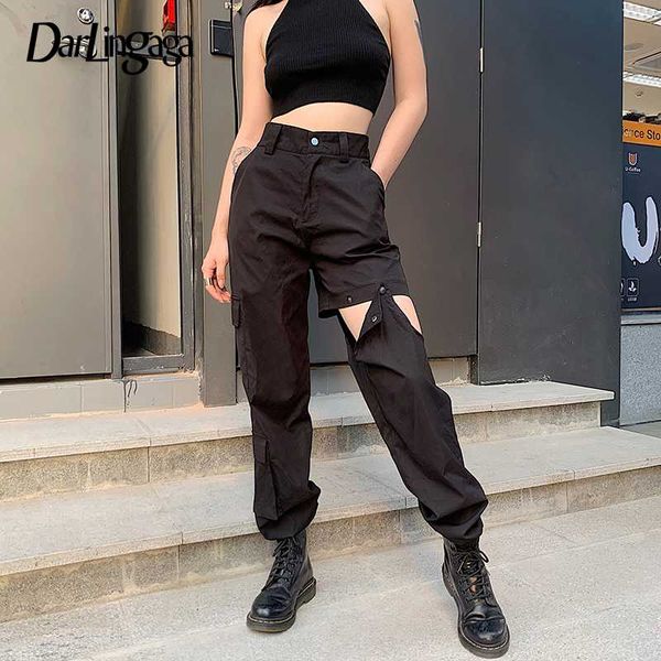 

darlingaga streetwear pockets black cargo pants women hip hop solid trousers fashion open button high waist pants mujer pantalon, Black;white