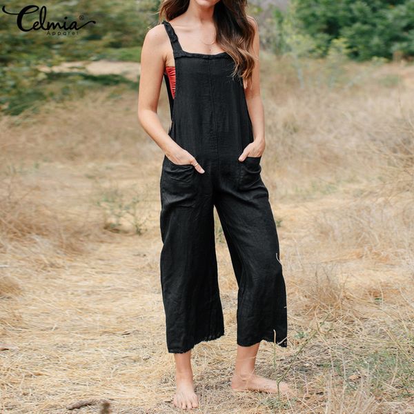

celmia лето женщин без рукавов длинного rompers casual cotton комбинезоны сыпучего backless strappy игровой одежда плюс размер bib комбинезо, Black;white