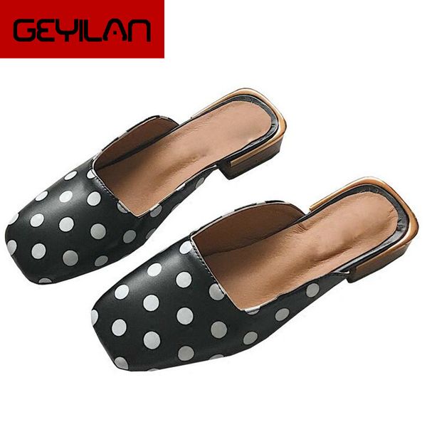 

shoes woman slides mules polka dot zapatos mujer 2019 summer fashion pointed toe slippers shallow slippers loafers black white55