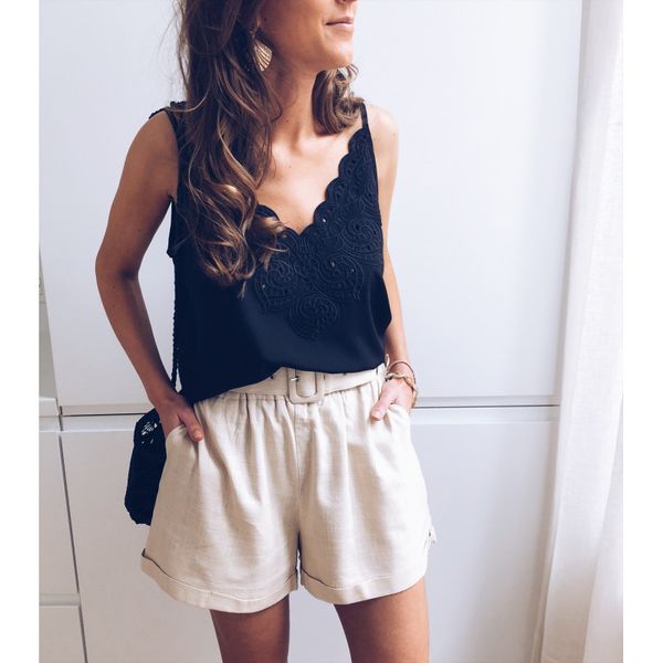 

2019 women's summer deep v neck casual halter blouse sleeveless tank summer vest swing shirts for ladies, White