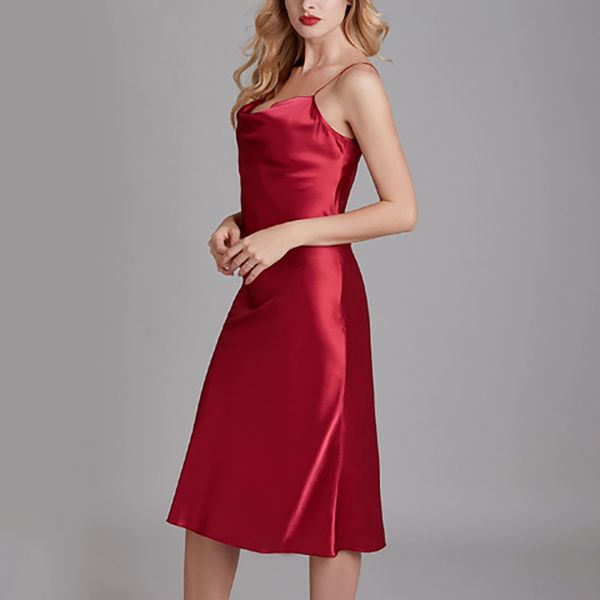 

women summer silk thin strapless nightdress v-neck mid-length home wear underwear, Black;red