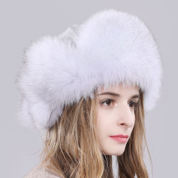 

2019 outdoor snow real fox fur hat women natural fox fur russian ushanka caps winter thick warm ears real fox fur bomber hats, Blue;gray