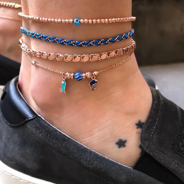 

new 2020 european and american popular marine life lady chic classic anklet alloy string fish dolphin 4-layer suit, Red;blue