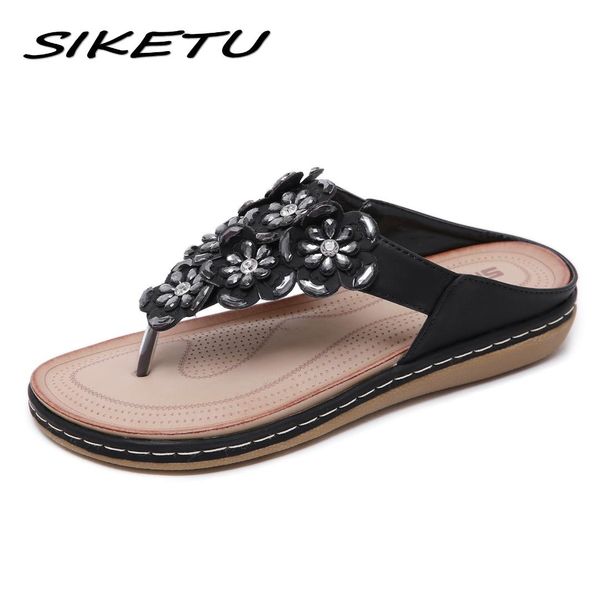 

siketu 2019 мода цветочные женщины плоские шлепанцы обувь этническая женщина кристалл богемия гладиатор повседневная пляжные тапочки, Black