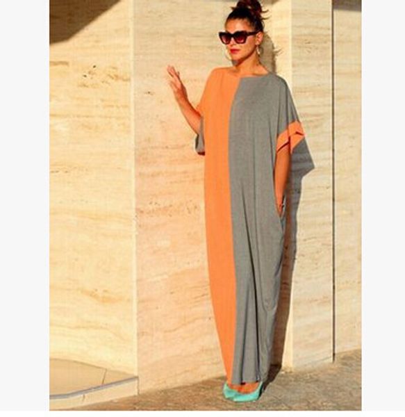 

1002 contrast color joint bat sleeve large size long dress wish, Black;gray