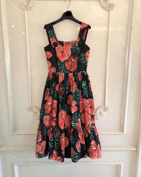 

anthurium positioning printed cotton swing suspender dress dress red, Black;gray