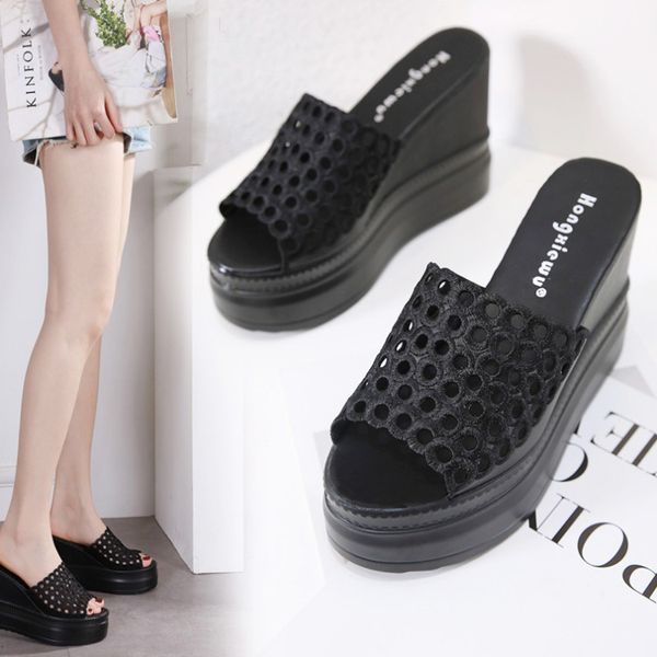 

house slippers platform high-heeled shoes lady peep toe on a wedge low slides slipers women heels summer 2020 rome pu basic, Black