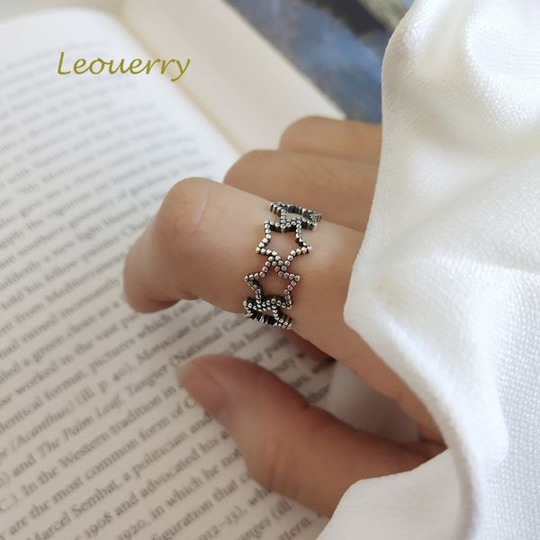 

leouerry 925 sterling silver vintage openwork star rings creative retro elegant opening rings for women silver 925 jewelry, Golden;silver