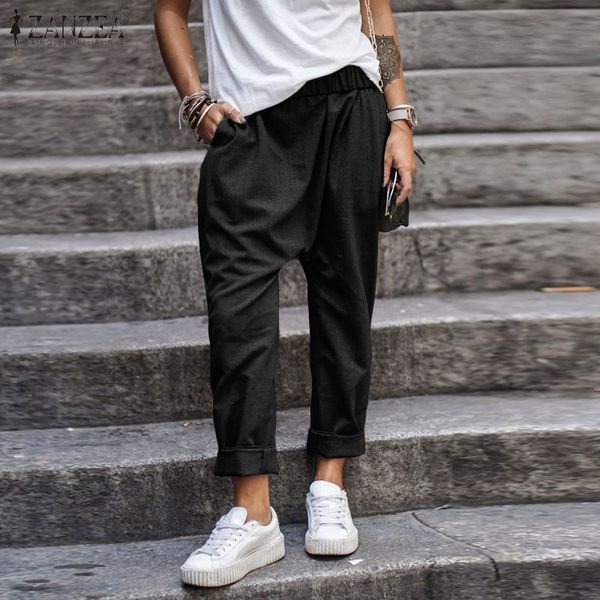 

zanzea plus size women drop-crotch pants casual solid long trousers ladies elastic waist pockets pantalones bottoms streetwear, Black;white